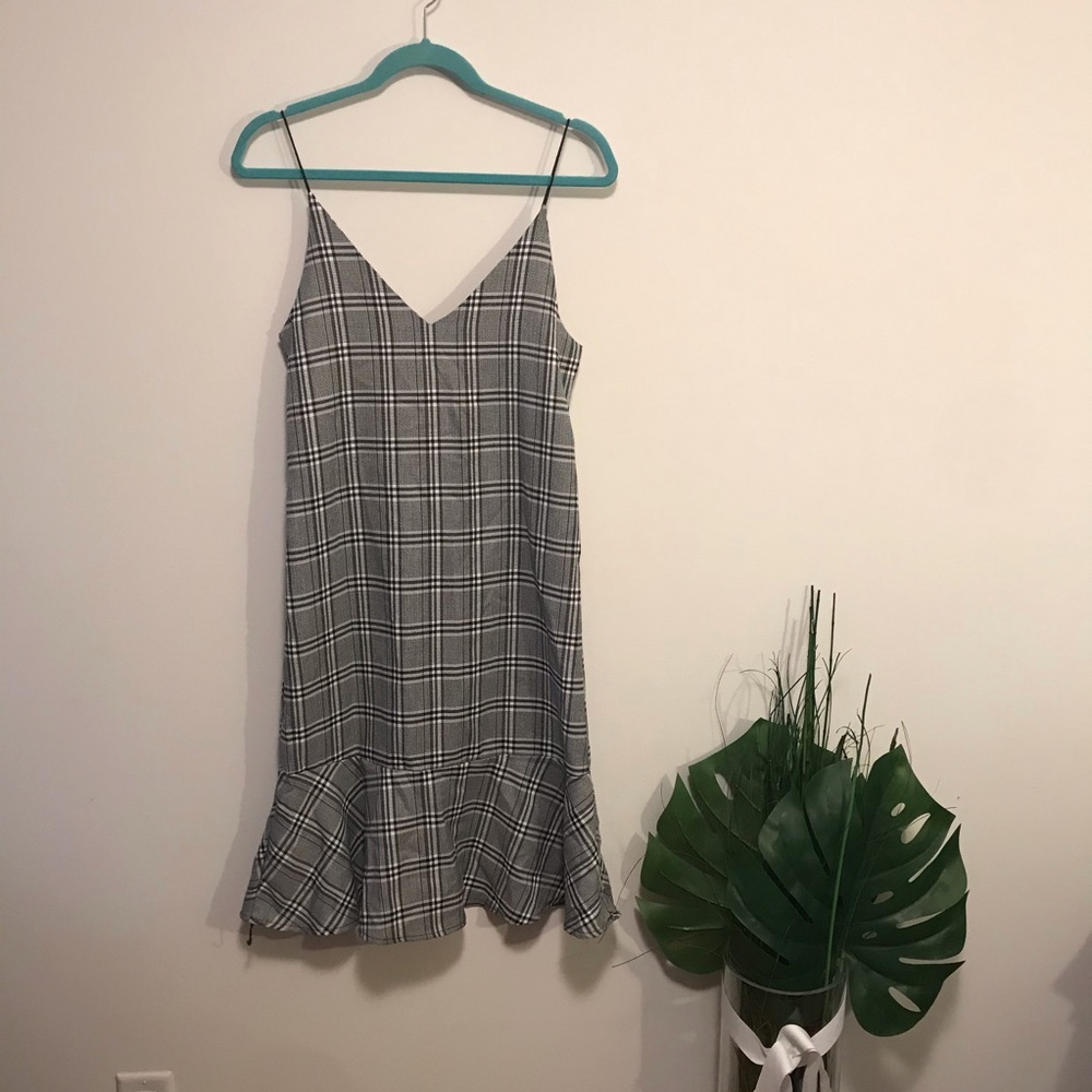 OAK + FORT Gray Plaid Midi Slip Dress